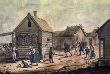 Ankunft der Dorfherrin, ein Aquarellgemälde aus den 1850er Jahren